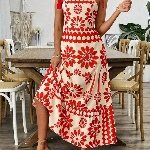 White Casual Women's Floral Print Shoulder Strap Cinched Waist Long Maxi Dress - Picture 5 of 6